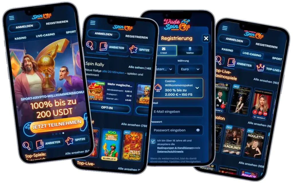 DudeSpin Casino Oberfläche mit Bonus und Spielautomaten