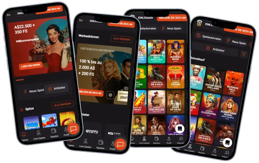 Hollywin Casino Startseite mit Bonusangebot und Spielautomaten