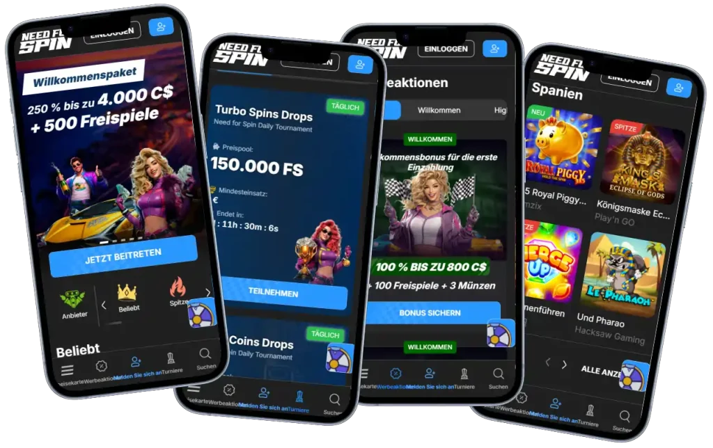 NeedForSpin Casino Startseite mit Bonusangebot und Spielautomaten